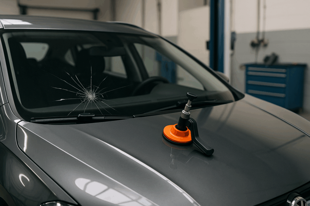 Autoscheibe mit Riss und Reparaturwerkzeug