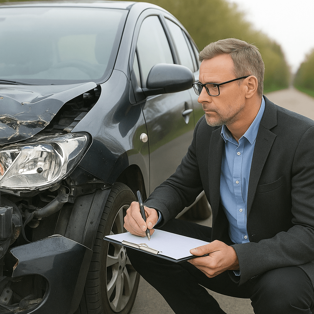Mann in Anzug notiert Informationen neben einem beschädigten Auto